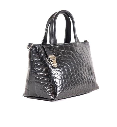 Handtasche schwarz Leder mit Kroko-Prägung