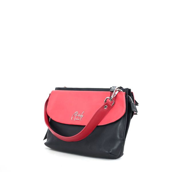 Schwarz-rote Handtasche mit Reißverschluss aus weichem Kalbsleder von Renato Angi - Made in Italy